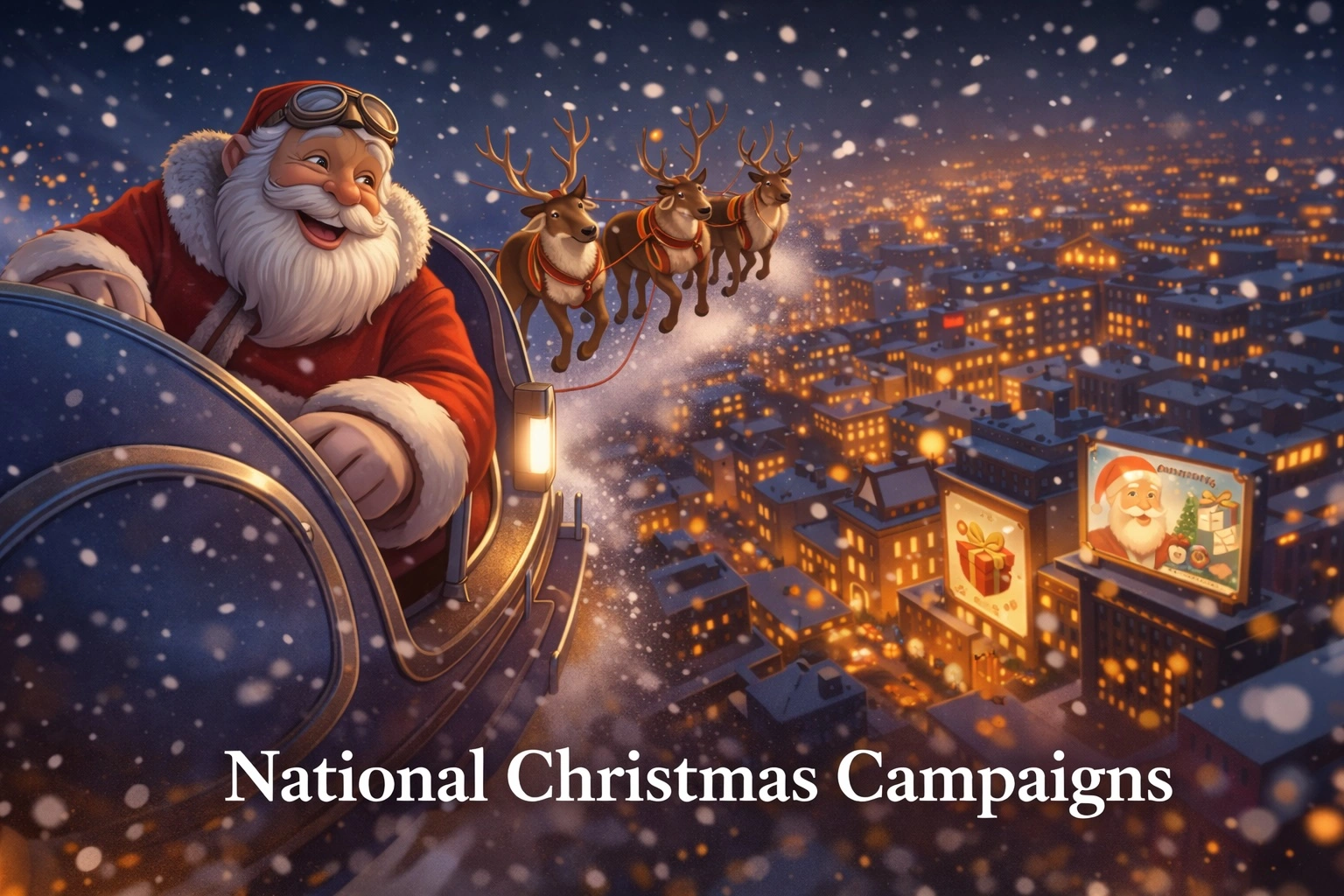 Animated Santa flying over a snowy city for a national Christmas campaign