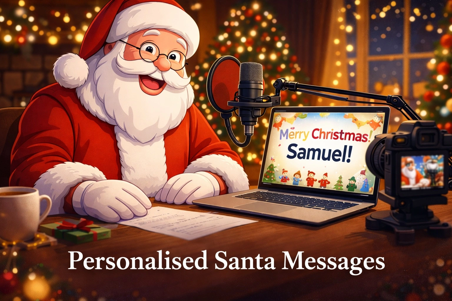 Animated Santa recording personalised Santa video messages in a festive studio
