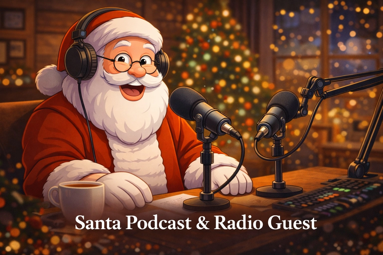 Animated Santa as a podcast and radio guest wearing headphones in a festive studio