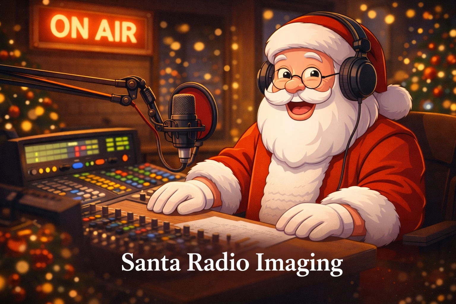 Animated Santa in a radio studio recording Santa radio imaging