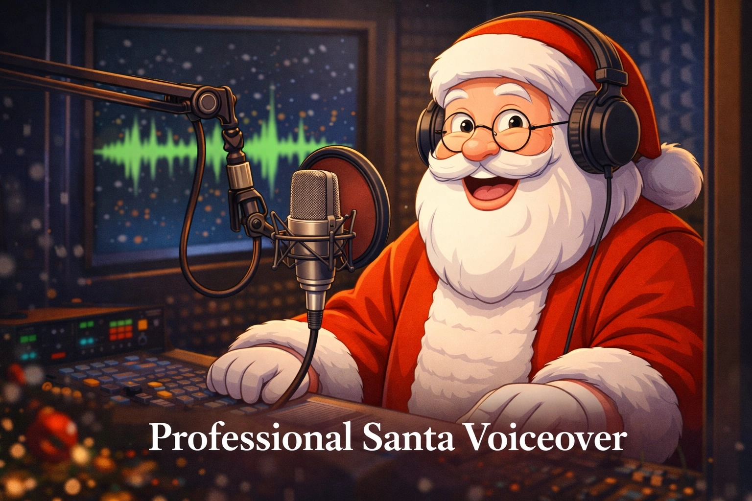 Animated Santa recording professional Santa voiceover in a studio booth