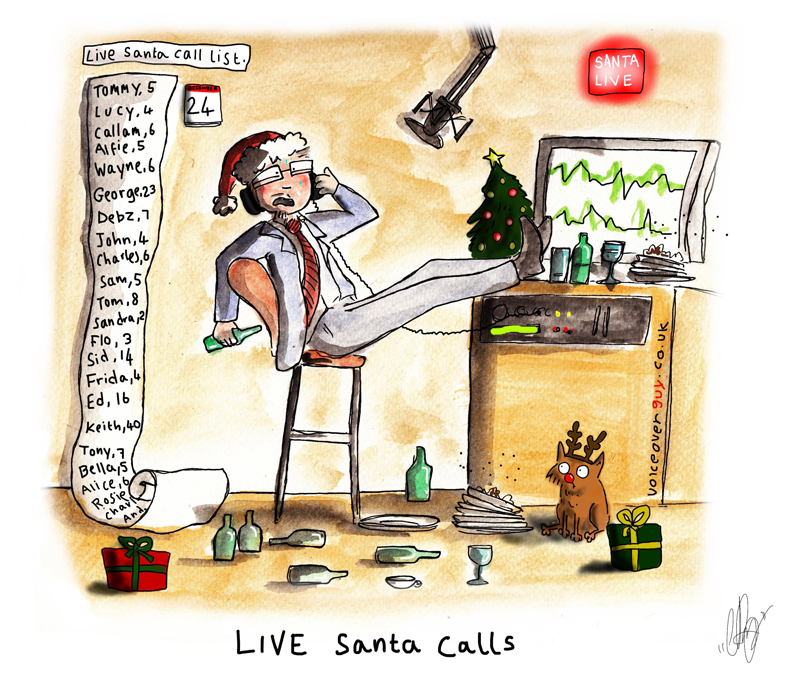 Cartoon of Guy Harris making live Father Christmas voice calls — Santa voiceover artist