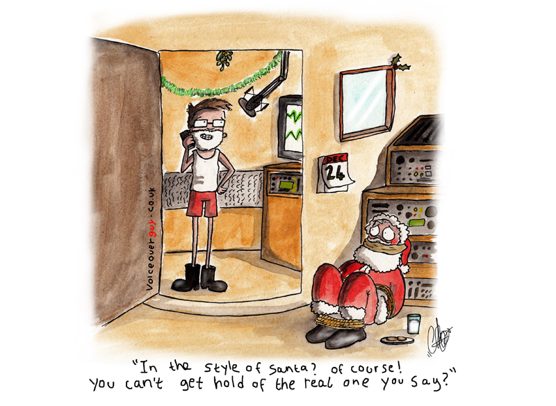 Cartoon of Guy Harris performing Santa voiceover in the studio — Voice of Father Christmas